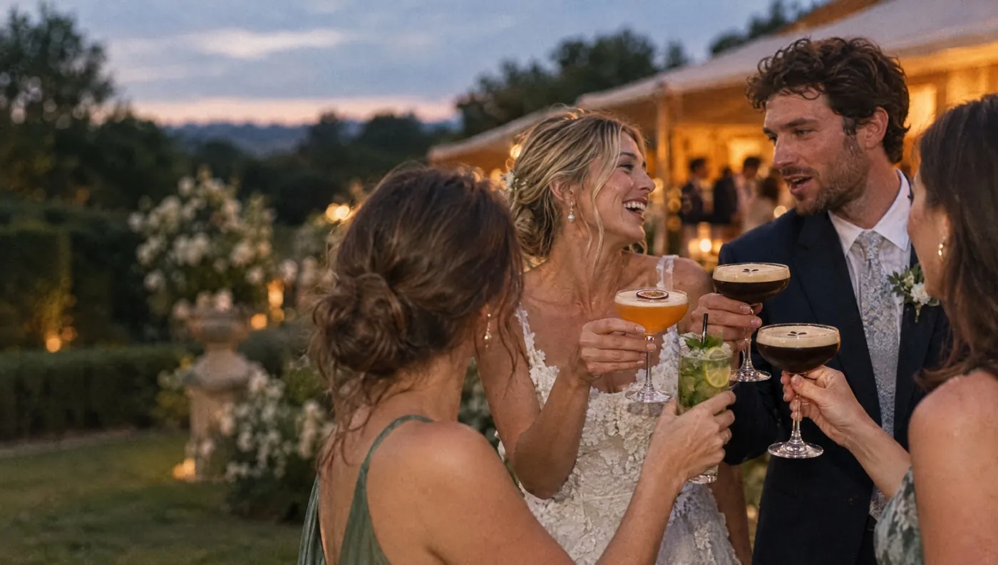 Les mariés et leurs amis trinquent avec des cocktails à la tombée de la nuit