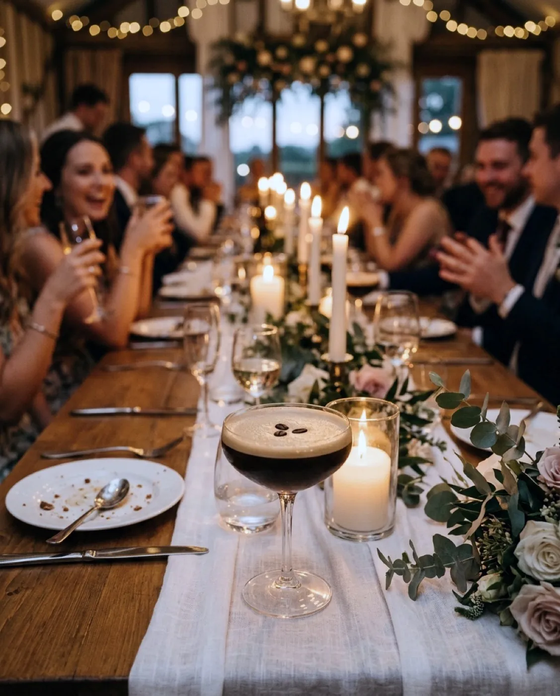 Espresso Martini sur une table de dîner de mariage aux chandelles
