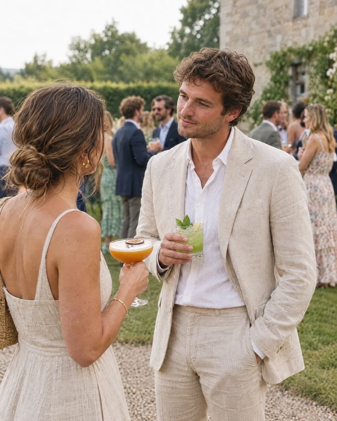 Une invitée et un invité discutent pendant le vin d'honneur, un Pornstar Martini et un Basil Smash à la main