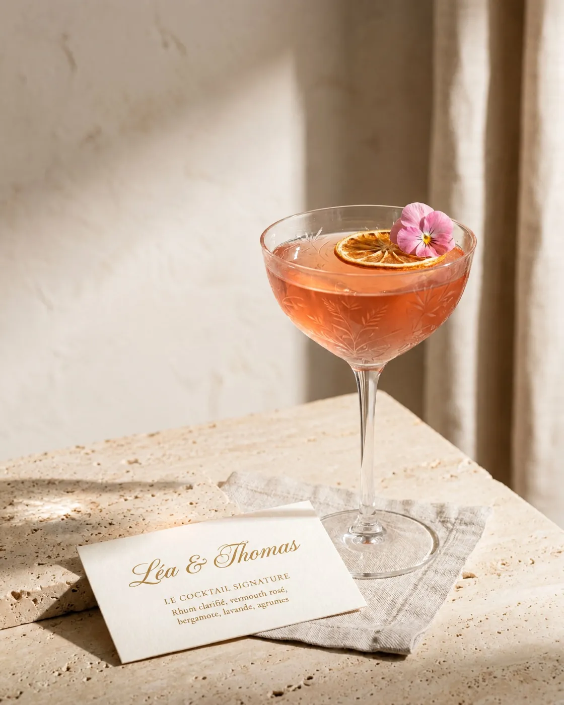 Cocktail signature rosé dans un verre ciselé, à côté d'un menu aux prénoms des mariés