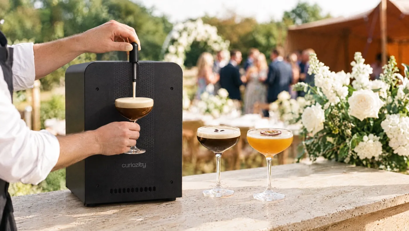 Un barman sert un cocktail nitro à la tireuse Curiozity pendant un mariage